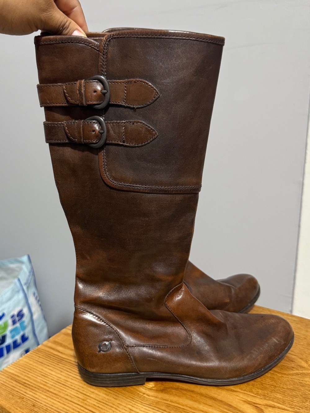 Born Womens Size 7 Brown Leather Tall Riding Boots Double Buckle Moto Equestrian